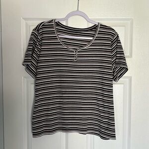 Black, white, and tan striped Henley short sleeve top